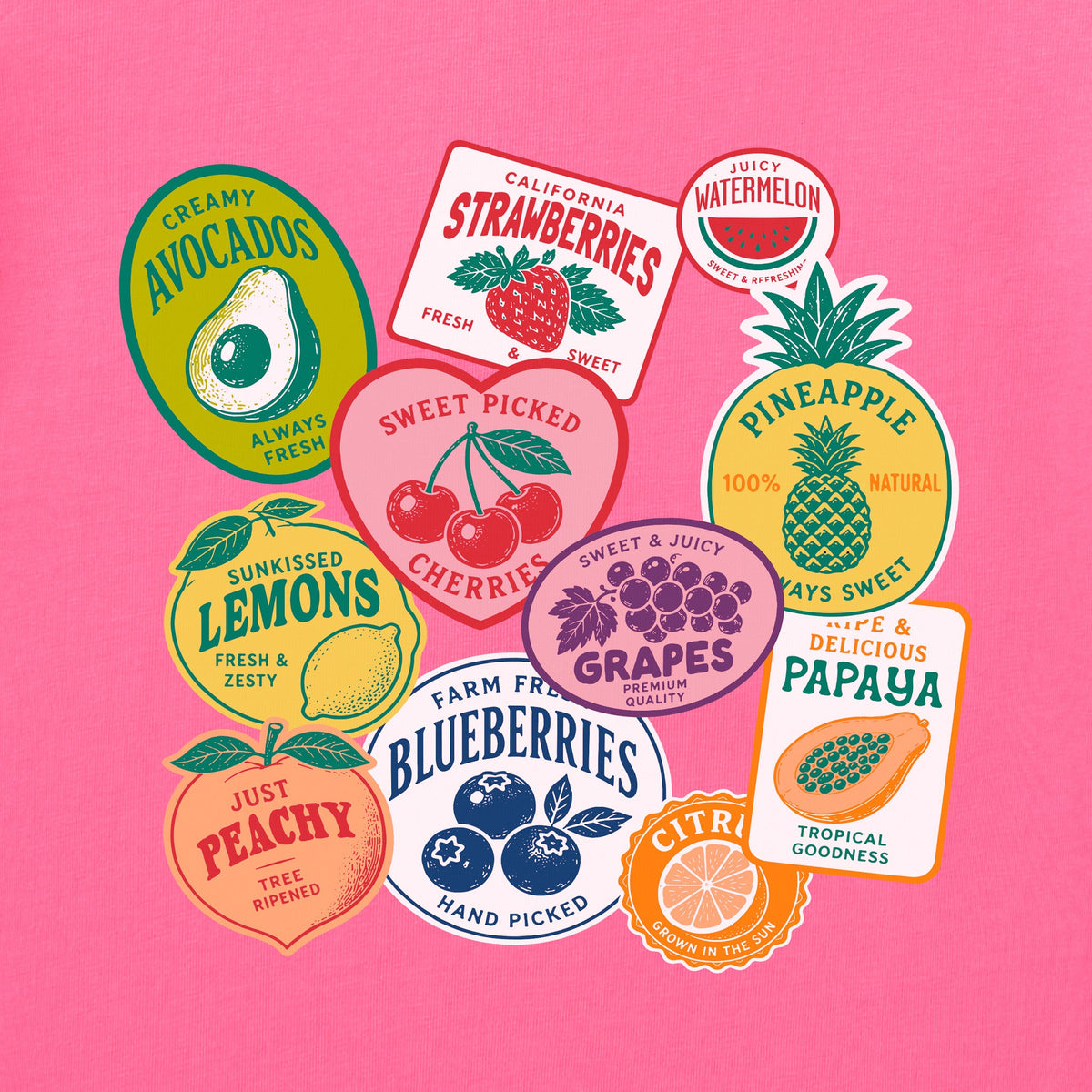 Women's Fruit Labels Short Sleeve Crusher Boxy Tee